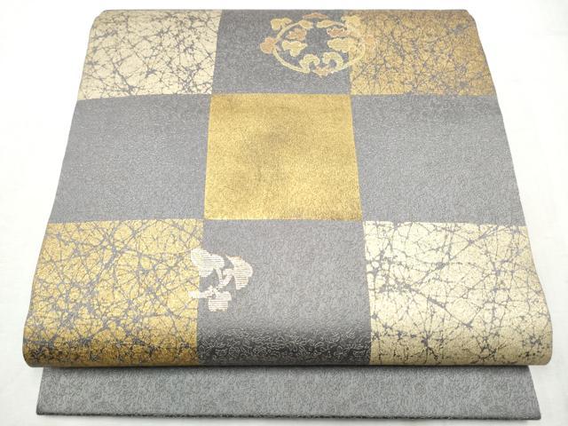 平和屋着物●九寸開き名古屋帯 竹屋町刺繍 市松枝葉文 金通し地 正絹 逸品 CABD0712hy