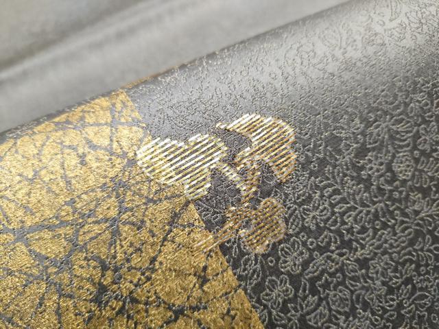 平和屋着物●九寸開き名古屋帯 竹屋町刺繍 市松枝葉文 金通し地 正絹 逸品 CABD0712hy