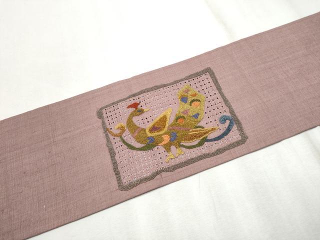 平和屋着物●中国三大刺繍 スワトウ相良刺繍 九寸名古屋帯 紬地 色紙孔雀花文 正絹 逸品 CABD0723hy