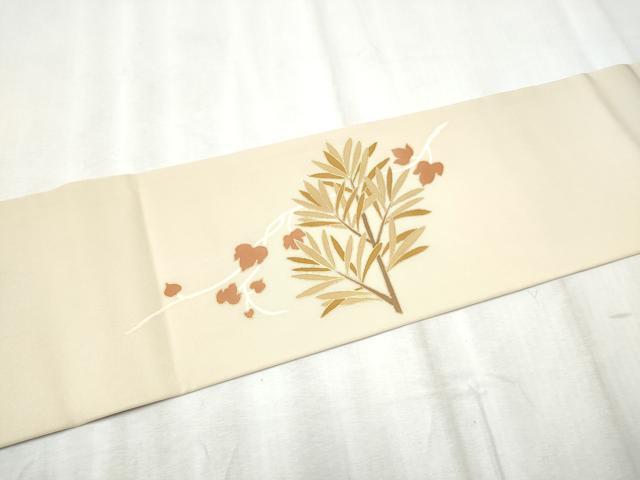平和屋着物●塩瀬 九寸名古屋帯 駒刺繍 枝葉文 金彩 正絹 逸品 CABD0742hy