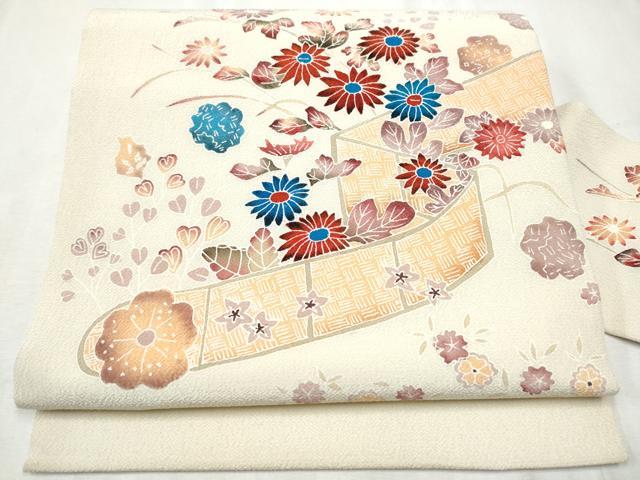 平和屋着物●九寸名古屋帯 型染め 舞花文 鬼しぼ縮緬 正絹 逸品 CABD0767hy