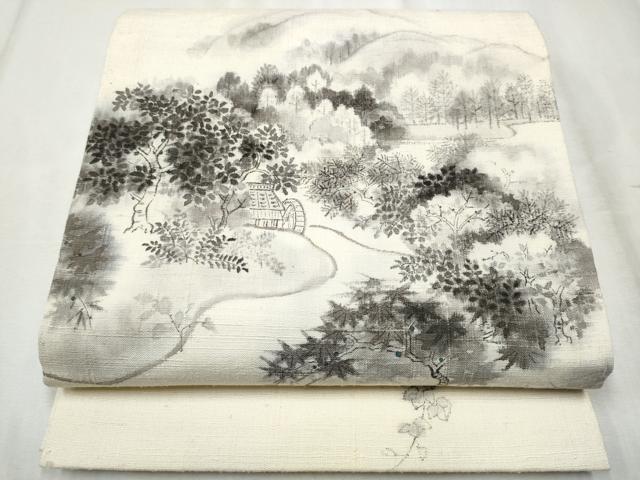 平和屋着物●九寸開き名古屋帯 作家物 手描き 紬地 風景文 正絹 逸品 CABD0779hy