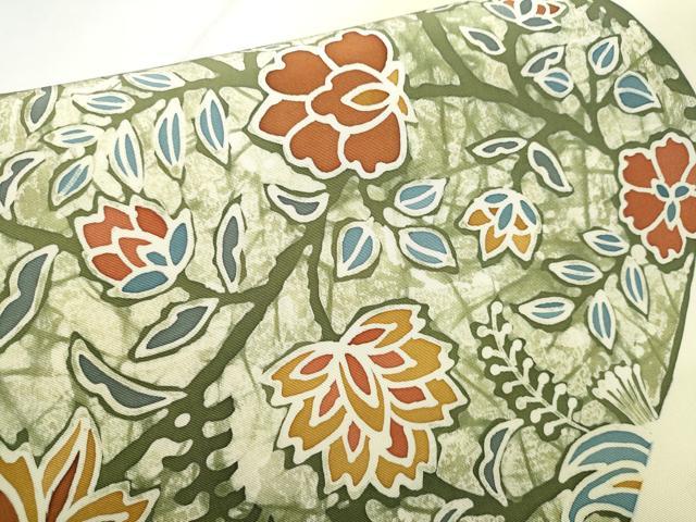 平和屋着物●塩瀬 九寸名古屋帯 作家物 型染め 更紗花文 正絹 逸品 CABD0781hy