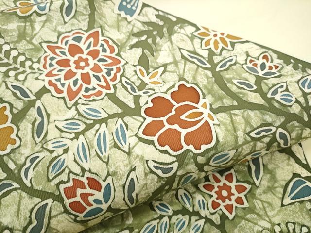 平和屋着物●塩瀬 九寸名古屋帯 作家物 型染め 更紗花文 正絹 逸品 CABD0781hy