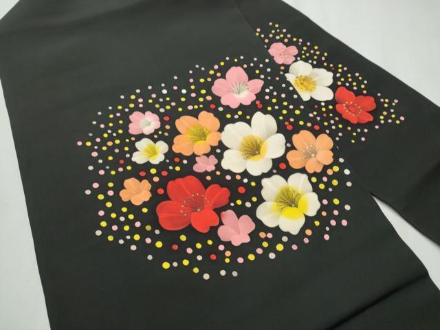 平和屋着物●塩瀬 九寸名古屋帯 舞花文 黒地 金彩 正絹 逸品 CABD0783hy