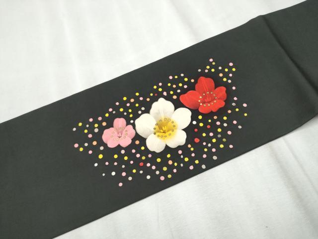 平和屋着物●塩瀬 九寸名古屋帯 舞花文 黒地 金彩 正絹 逸品 CABD0783hy