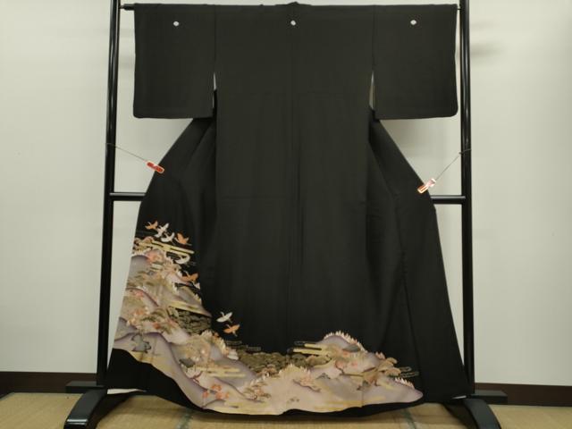 平和屋着物■豪華黒留袖 駒刺繍 飛鶴風景文 金彩 正絹 逸品 CABD0936ze