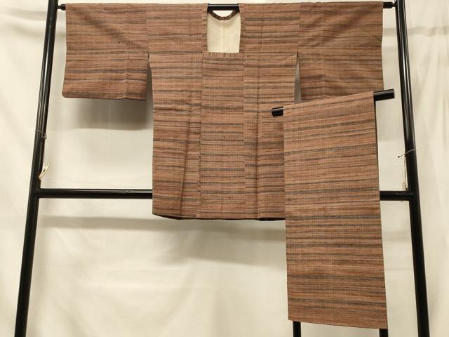 平和屋着物#道行コート 紬地 横段文 ショール付き 正絹 逸品 CABD1286in