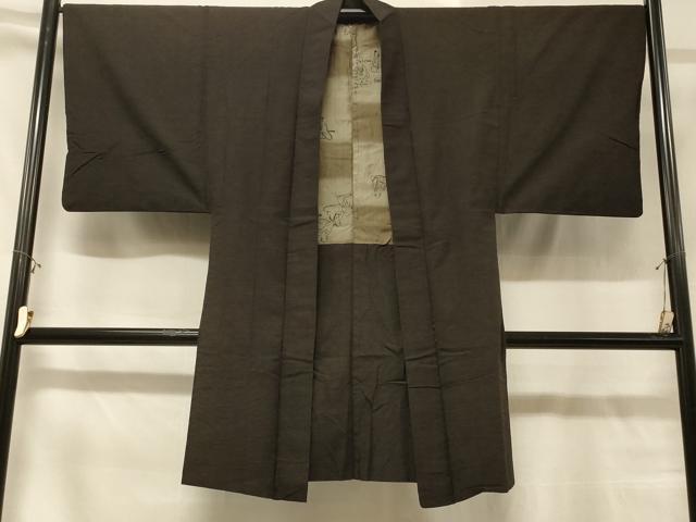 平和屋着物#男性 長羽織 紬地 黒地 正絹 逸品 CABD1576in