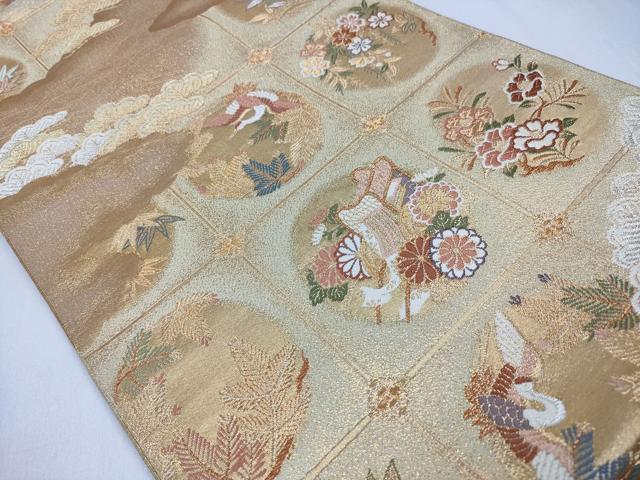 平和屋着物◎六通柄袋帯 刻秼錦 御所車飛鶴花文 金銀糸 正絹 逸品 CABD1698ha