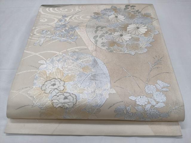 平和屋着物◎太鼓柄袋帯 駒刺繍 草花丸文 銀彩 正絹 逸品 CABD1757ha
