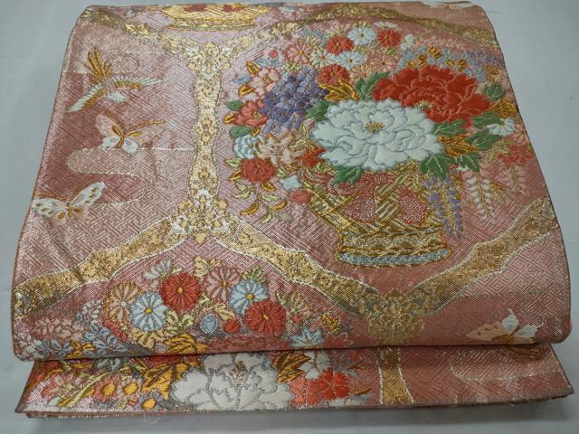 平和屋着物◎六通柄袋帯 陶器舞蝶花鳥文 金銀糸 正絹 逸品 CABD1765ha