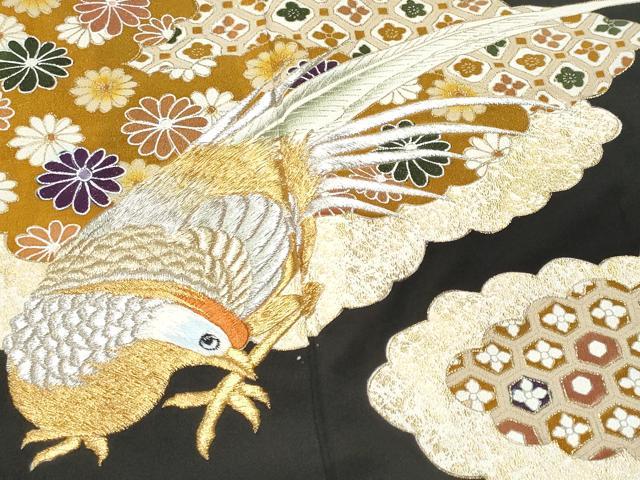 平和屋着物■豪華黒留袖 駒刺繍 尾長鳥花文 金彩 正絹 逸品 CABD1817fb