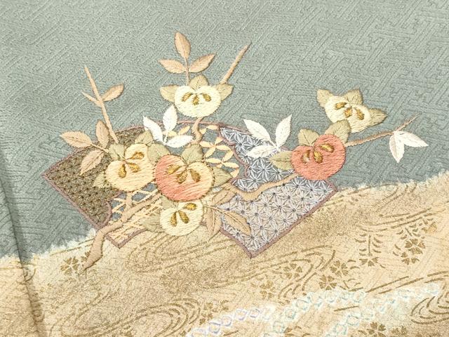 平和屋着物■中国三大刺繍 スワトウ刺繍 訪問着 絞り 道長地紙花文 金彩 正絹 逸品 CABD1958fb