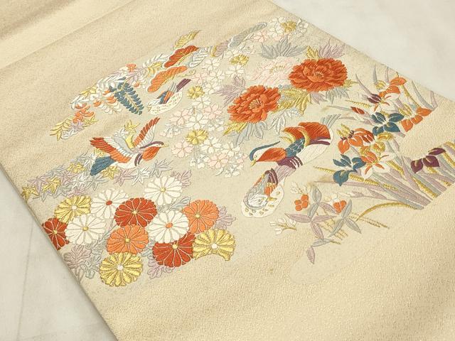 平和屋着物◎太鼓柄袋帯 唐織 花鳥文 金糸 正絹 逸品 CABD2131qe