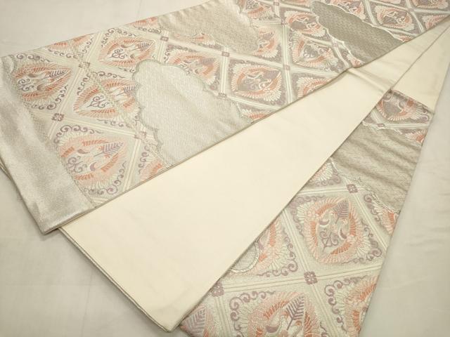 平和屋着物◎六通柄袋帯 唐織 雲取り双鶴文 銀糸 正絹 逸品 CABD2132qe