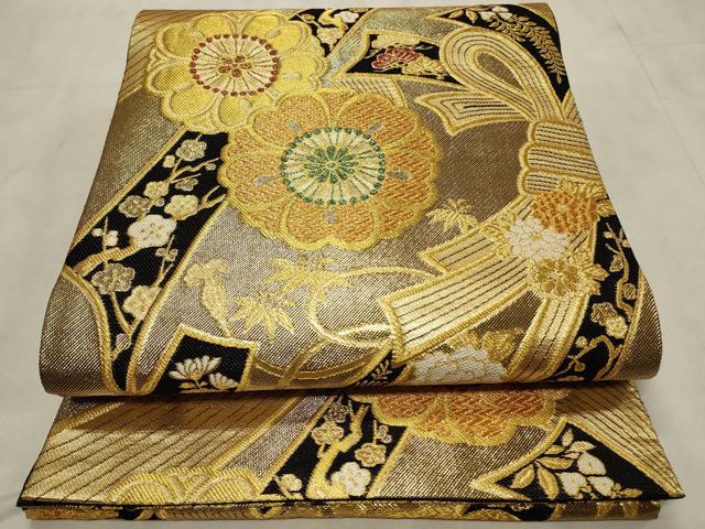 平和屋着物□全通柄袋帯 吉兆千羽鶴 黒地 金銀糸 正絹 逸品