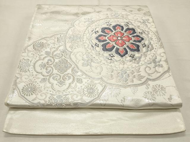 平和屋着物◎西陣 太鼓柄袋帯 唐織 絵皿花文 銀糸 正絹 逸品 CABD2279qe