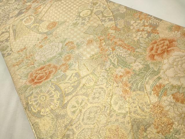 平和屋着物◎佐賀錦 六通柄袋帯 束ね熨斗花車文 金糸 正絹 逸品 CABD2301qe