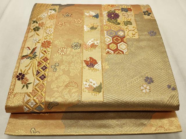 平和屋着物◎六通柄袋帯 唐織 短冊花蝶文 金糸 正絹 逸品 CABD2314qe