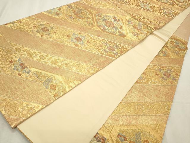 平和屋着物◎六通柄袋帯 斜線花鳥文 金糸 正絹 逸品 CABD2320qe
