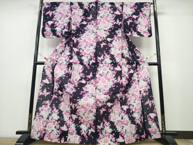 平和屋着物∴夏物 浴衣 薔薇 舞蝶文 綿 逸品 CABD2412ng