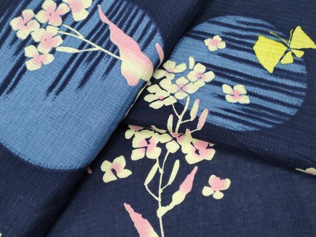 平和屋着物∴夏物 浴衣 綿紅梅 満月舞蝶花文 綿 逸品 CABD2456ng