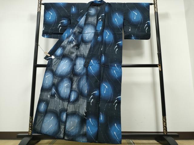 平和屋着物∴夏物 浴衣 魚 流水文 黒地 綿 逸品 CABD2526ng