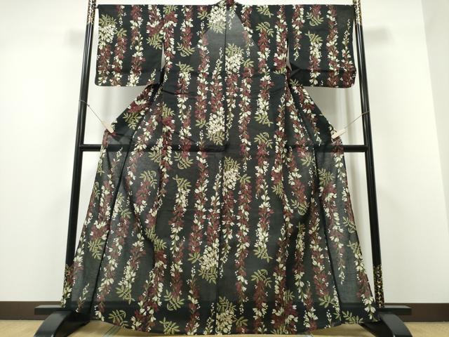 平和屋着物∴夏物 浴衣 綿紅梅 枝垂れ花文 黒地 綿 逸品 CABD2529ng