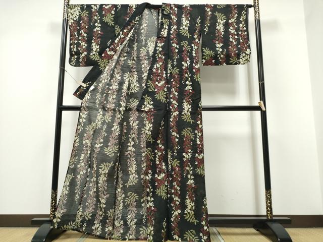 平和屋着物∴夏物 浴衣 綿紅梅 枝垂れ花文 黒地 綿 逸品 CABD2529ng