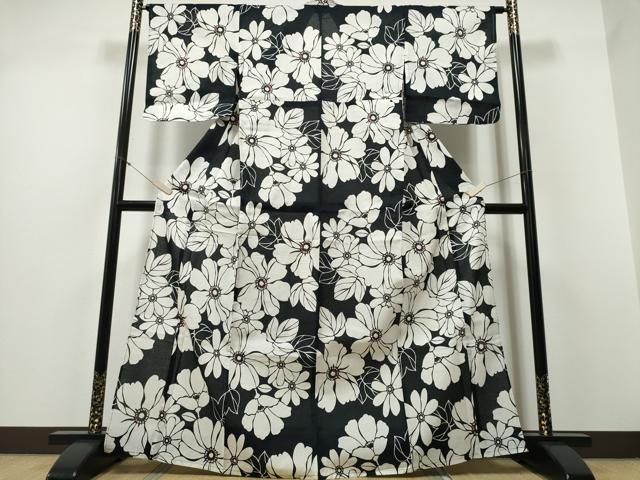 平和屋着物∴夏物 浴衣 綿紅梅 舞花尽くし 黒地 綿 逸品 CABD2530ng
