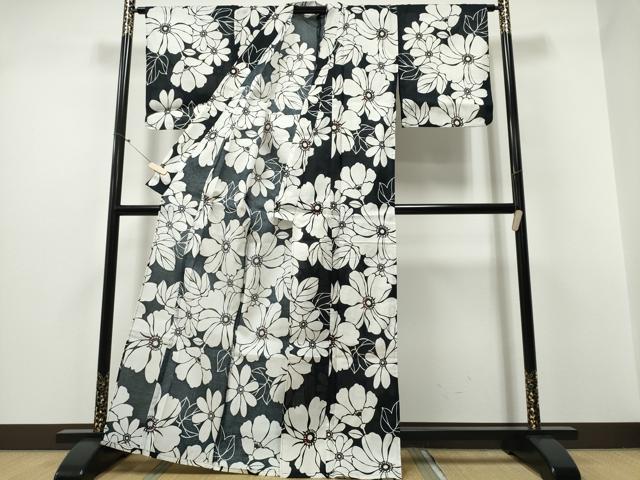 平和屋着物∴夏物 浴衣 綿紅梅 舞花尽くし 黒地 綿 逸品 CABD2530ng
