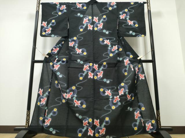 平和屋着物∴夏物 浴衣 綿紅梅 金魚 花丸文 黒地 金彩 綿 逸品 CABD2531ng