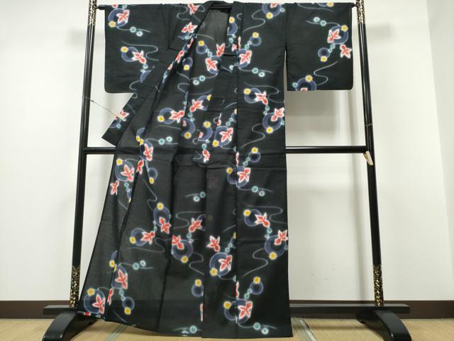 平和屋着物∴夏物 浴衣 綿紅梅 金魚 花丸文 黒地 金彩 綿 逸品 CABD2531ng