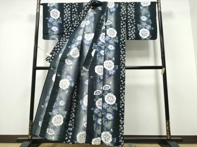 平和屋着物∴夏物 浴衣 綿紅梅 朝顔 舞花間道 黒地 綿 逸品 CABD2533ng