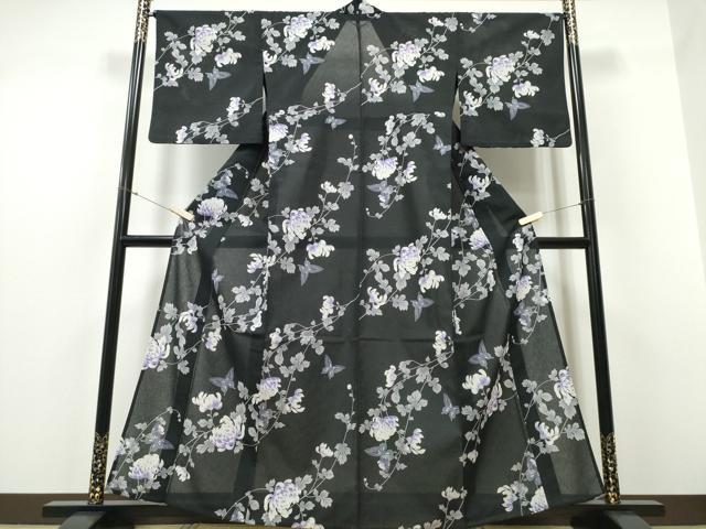 平和屋着物∴夏物 浴衣・小紋兼用 紅梅 枝菊舞蝶文 黒地 洗える着物 CABD2534ng