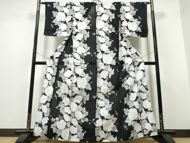 平和屋着物∴夏物 浴衣 舞花間道 黒地 綿 逸品 CABD2536ng