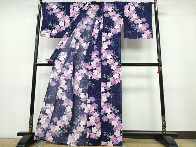 平和屋着物∴夏物 浴衣 綿紅梅 舞桜 麻の葉文様 綿 逸品 CABD2587ng