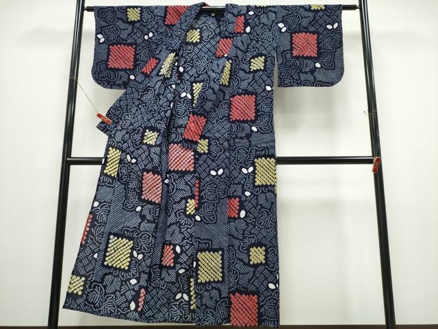 平和屋着物∴夏物 浴衣 有松鳴海絞り 色紙舞葉文 綿 逸品 CABD2629ng