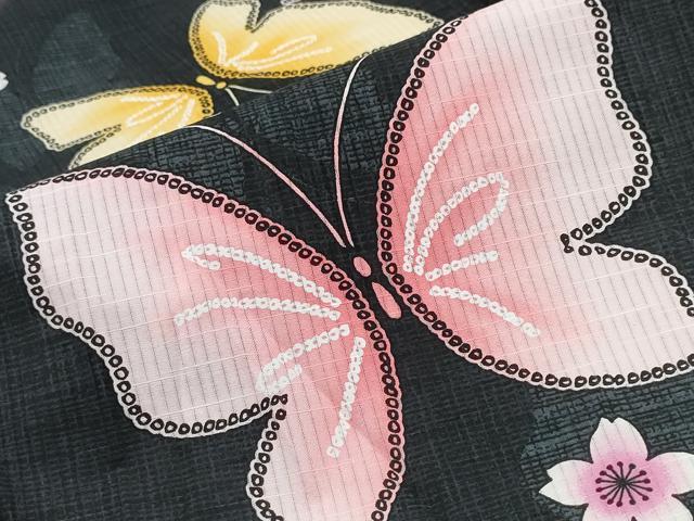 平和屋着物∴夏物 浴衣 舞蝶桜 黒地 綿 逸品 CABD2654ng