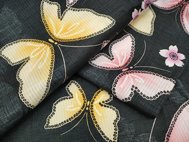 平和屋着物∴夏物 浴衣 舞蝶桜 黒地 綿 逸品 CABD2654ng