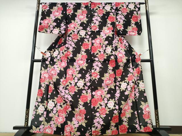 平和屋着物∴夏物 浴衣 舞牡丹花文 黒地 綿 逸品 未使用 CABD2657ng