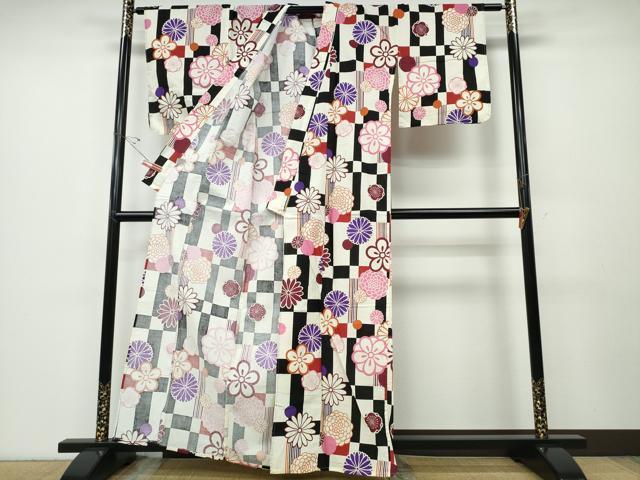 平和屋着物∴夏物 浴衣 格子舞花文 綿 逸品 CABD2658ng