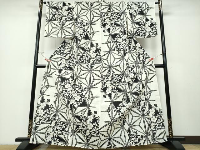 平和屋着物∴夏物 浴衣 草花麻の葉文様 綿 逸品 CABD2660ng