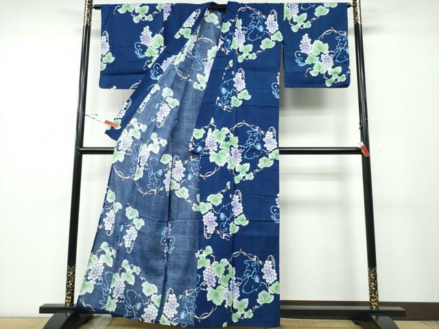 平和屋着物∴夏物 浴衣 綿紅梅 キャラクター 葡萄蔦の葉文 綿 逸品 CABD2674ng