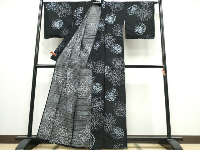 平和屋着物∴夏物 浴衣 舞花文 黒地 綿 逸品 CABD2741ng