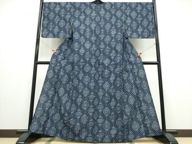 平和屋着物∴夏物 浴衣 藍 注染 両面染 立涌菊唐草文 綿 逸品 CABD2784ng