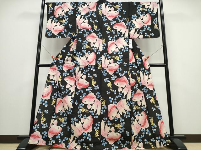 平和屋着物∴夏物 浴衣 金魚 黒地 綿 逸品 未使用 CABD2792ng