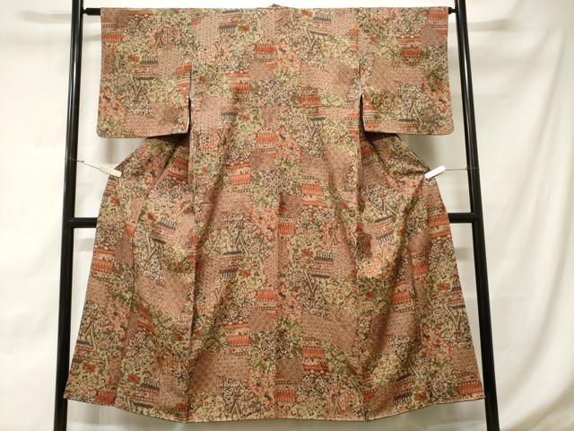 平和屋着物■上質な小紋 切嵌更紗花文 正絹 逸品 CABD3512ev