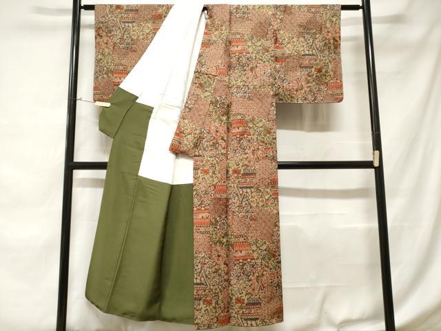平和屋着物■上質な小紋 切嵌更紗花文 正絹 逸品 CABD3512ev
